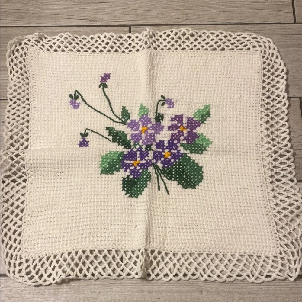 Handmade Cross-Stitch Doily with Purple Flowers Cottagecore Prairie